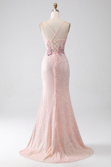 Vestido de fiesta de sirena con cuentas rosas brillantes con abertura